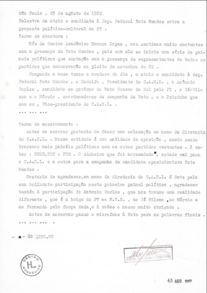Palestra da atriz e candidata à Dep. Federal Bete Mendes sobre proposta político-cultural do PT