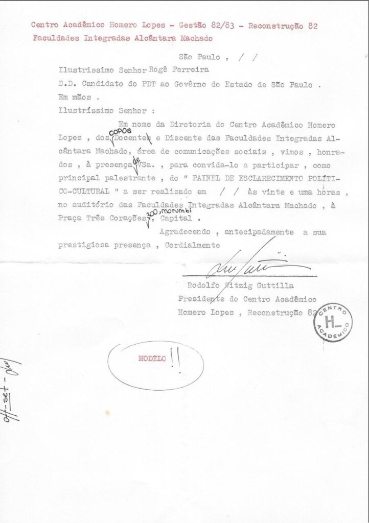 Centro Acadêmico Homero Lopes – Gestão 82/83 – Reconstrução 82 Faculdades Integradas Alcântara Machado