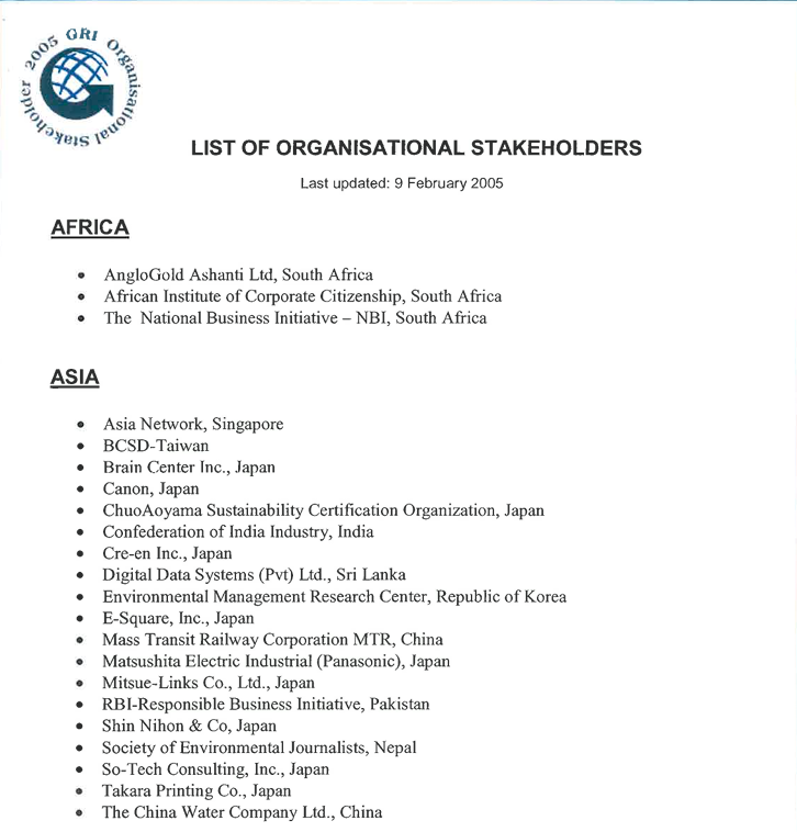 List of organisational stalkeholders