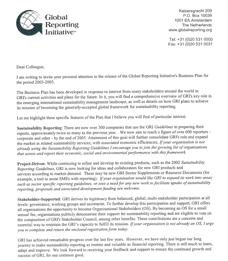 Plano de Negócios (Business Plan) da GRI 2003-2005