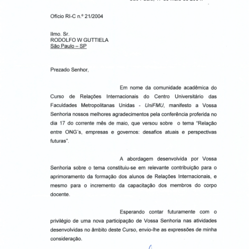 Agradecimento pela Conferência na UniFMU