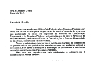 Agradecimento pela Participação I III Simpósio Profissional de Relações Públicas Terceirização dos Serviços de Comunicação Empresarial e de Relações Públicas
