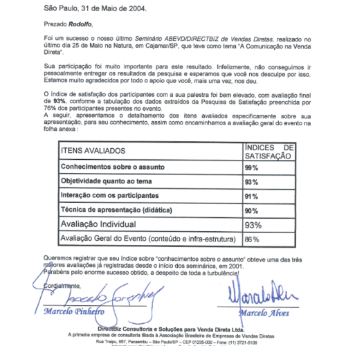 Resultado da Pesquisa I Seminário ABEVD/DirectBiz Vendas Diretas