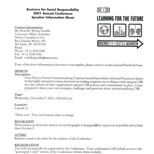 Folheto informativo do palestrante