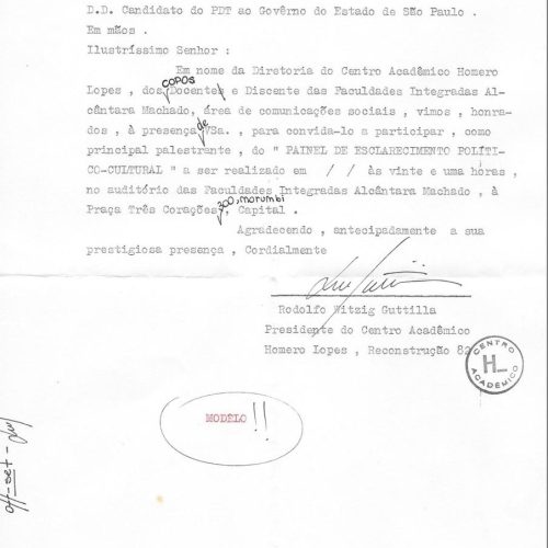 Centro Acadêmico Homero Lopes – Gestão 82/83 – Reconstrução 82 Faculdades Integradas Alcântara Machado
